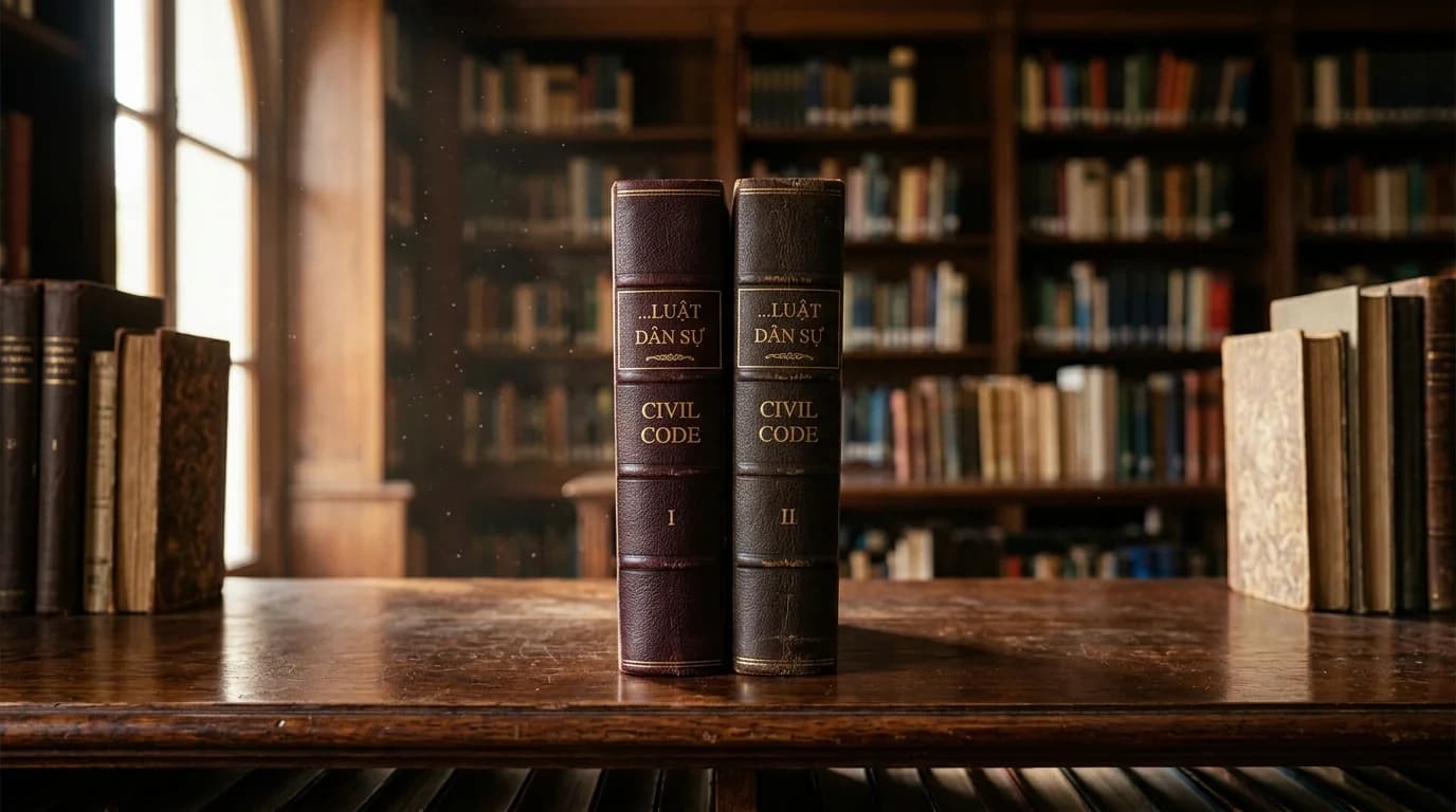 Two volumes of the Vietnamese Civil Code on a dark library shelf