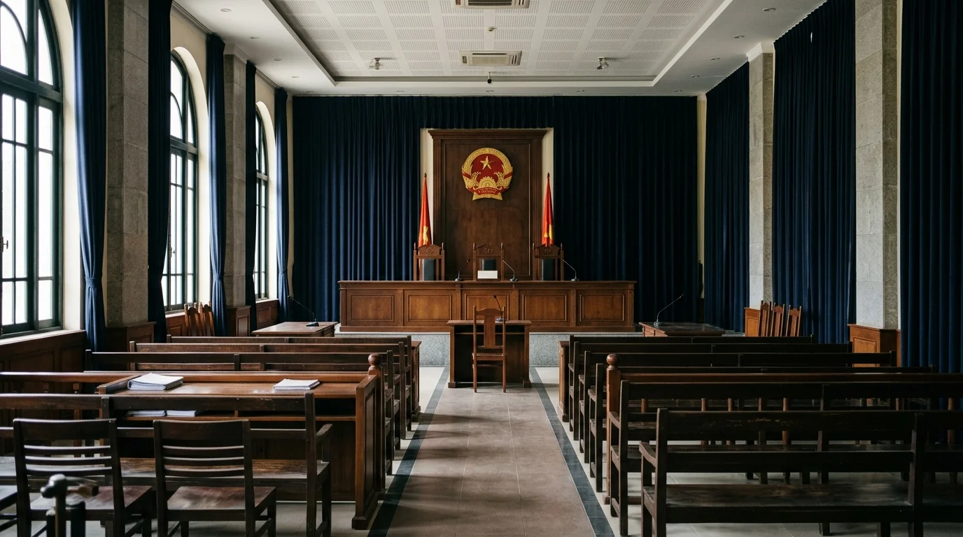 Empty Vietnamese courtroom from petitioner's perspective