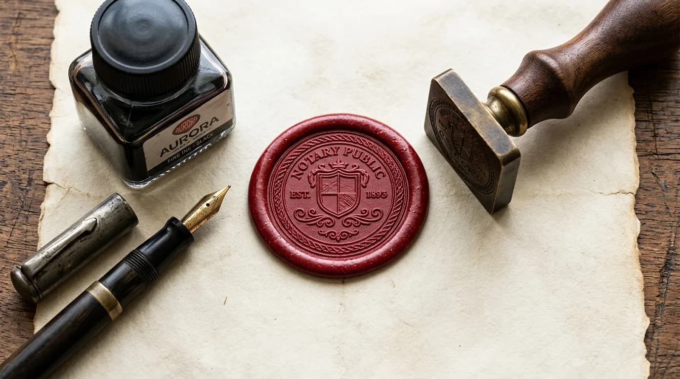 Brass notary stamp pressed into red wax on parchment