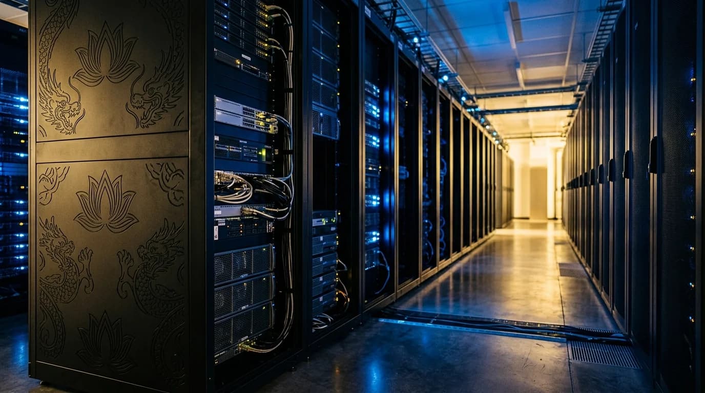Server-room corridor with subtle Vietnamese ornamental motifs