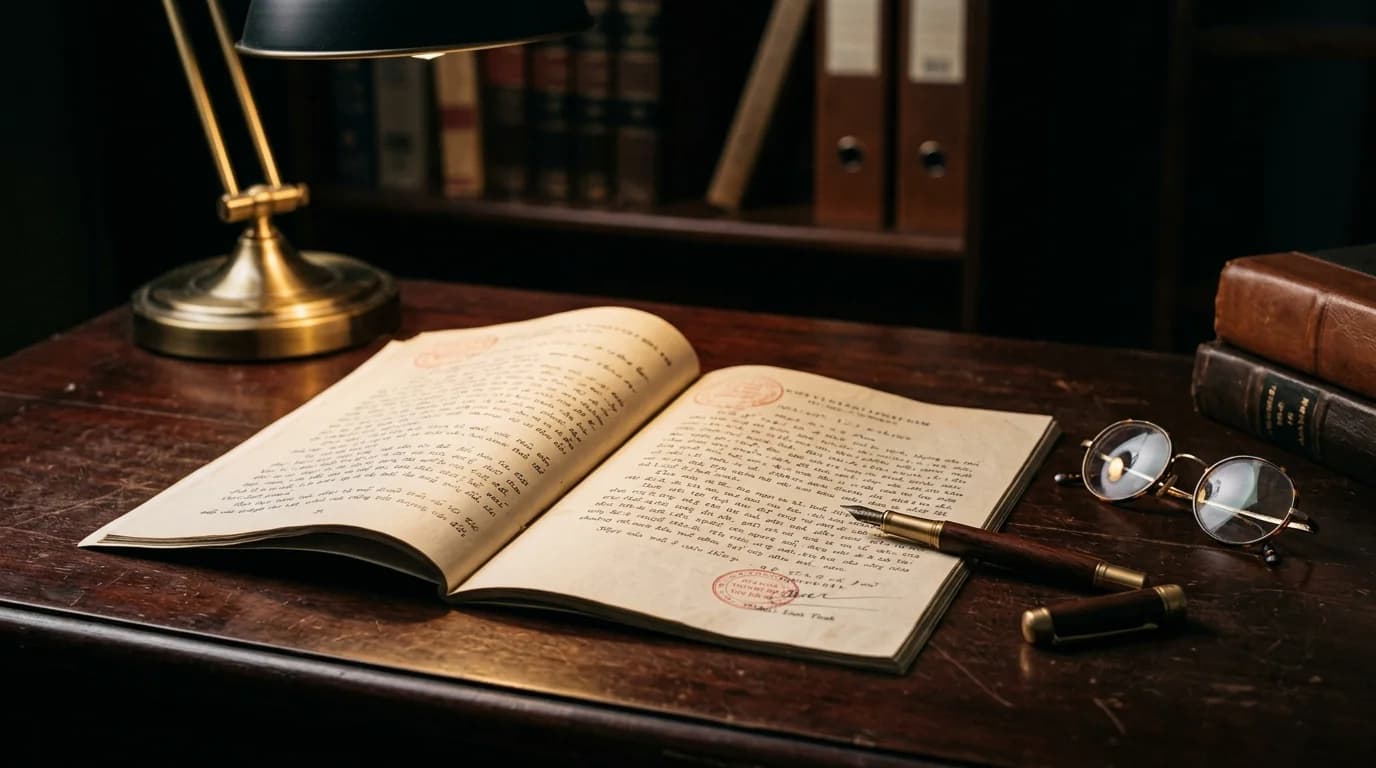 Open Vietnamese legal document on a dark wood desk under a brass lamp