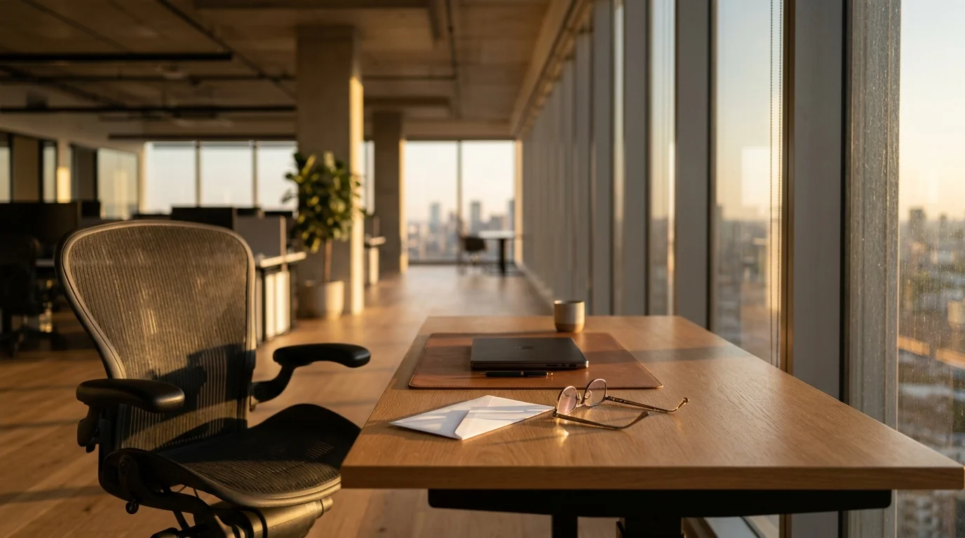 Empty office chair beside a desk with a folded envelope at golden hour