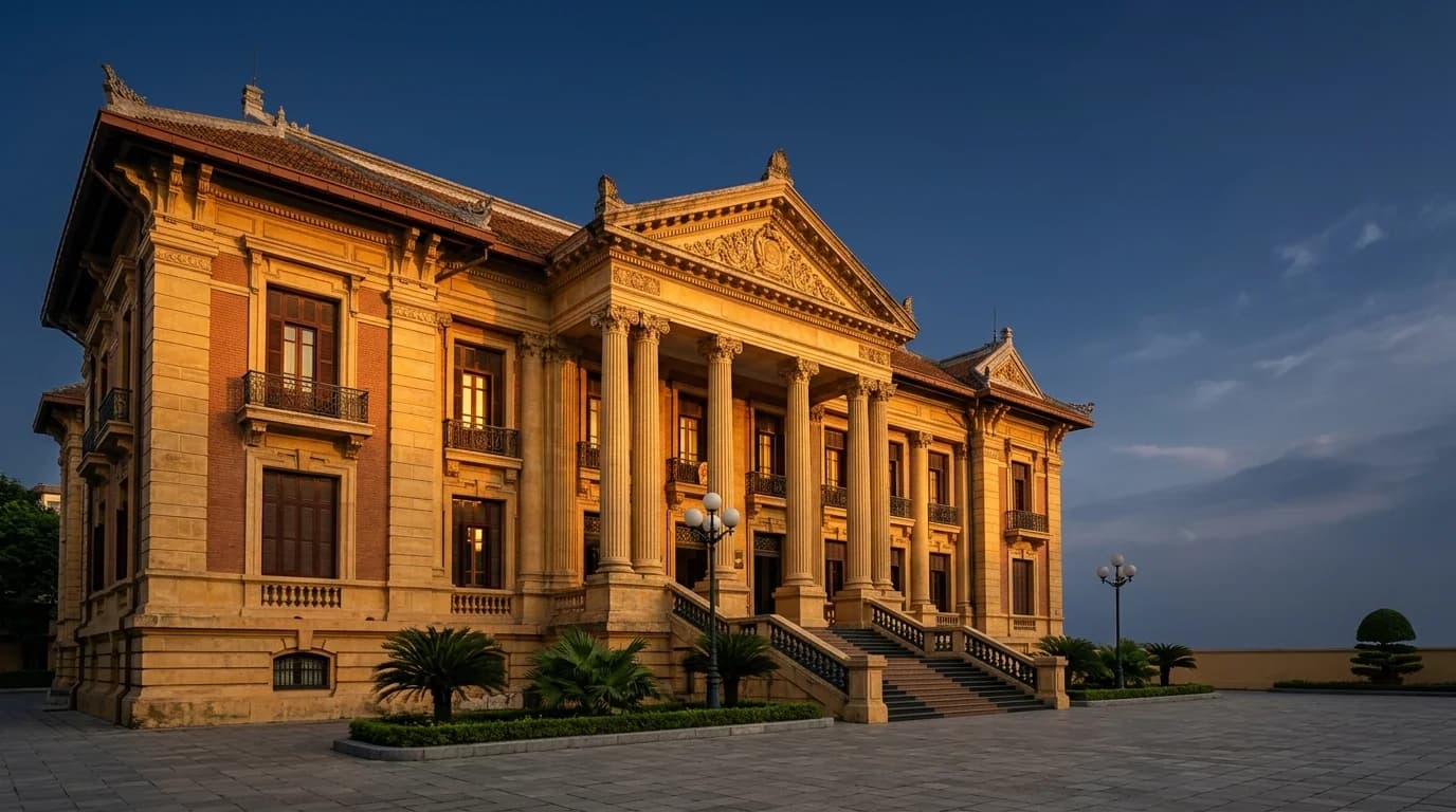 Vietnamese courthouse façade — institutional gravitas